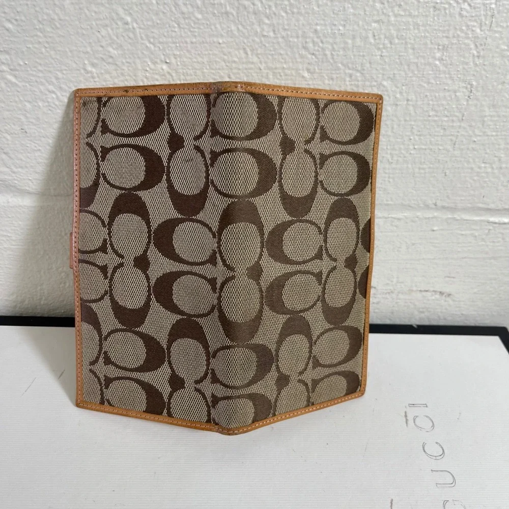 Coach Jacquard Checkbook Long Wallet Cover Tan Leather Signature C Monogram